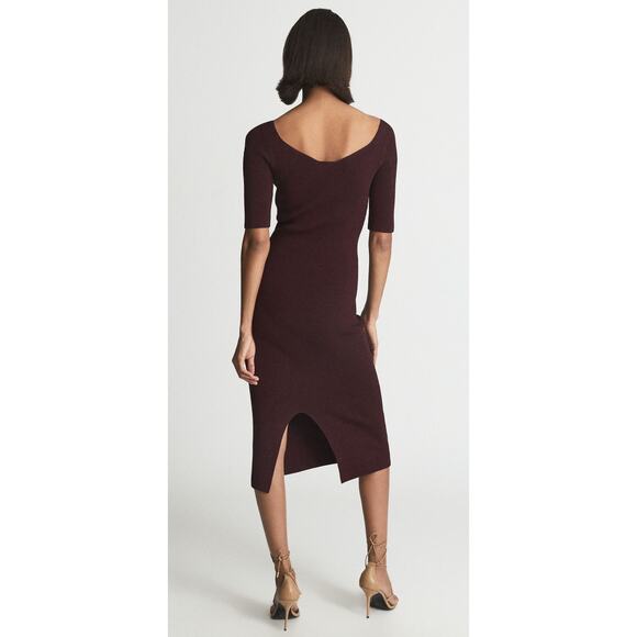 NWT Women's Reiss Olivia Sweetheart Neck Midi Dress In Burgundy size L - Picture 2 of 7